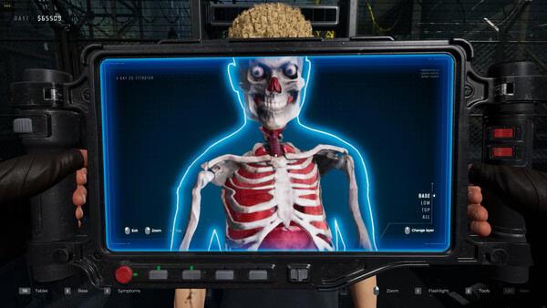 Screenshot from Quarantine Zone: The Last Check, showing a high-tech scanner displaying a detailed human skeleton on a screen.