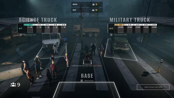 Screenshot from "Quarantine Zone: The Last Check" showing survivors being assigned to science and military trucks at an evacuation base.