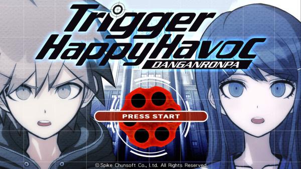 Screenshot of Danganronpa: Trigger Happy Havoc title screen, featuring two animated characters and a "Press Start" button.