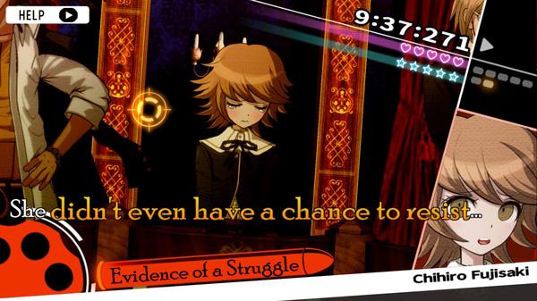 Danganronpa: Trigger Happy Havoc screenshot showing Chihiro Fujisaki in a trial with text about evidence of a struggle.