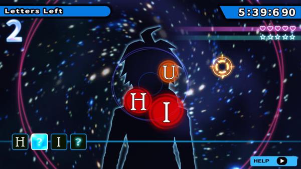 Screenshot from Danganronpa: Trigger Happy Havoc showing a Hangman's Gambit puzzle with glowing letters H, U, and I.