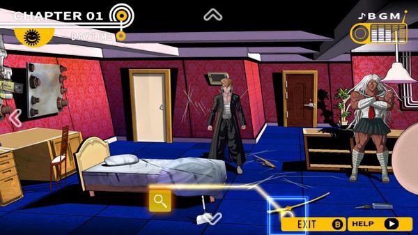 Screenshot from Danganronpa: Trigger Happy Havoc showing two characters in a red and blue room with scattered items.