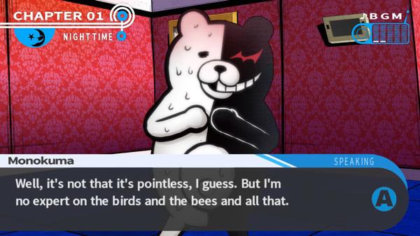Screenshot from Danganronpa: Trigger Happy Havoc showing Monokuma speaking in a red room during Chapter 01, Nighttime.