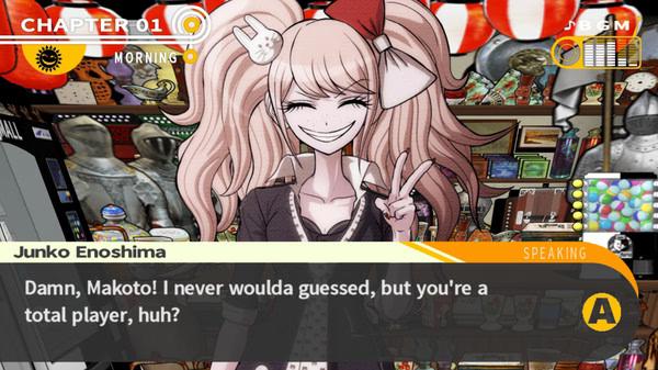 Screenshot from Danganronpa: Trigger Happy Havoc showing Junko Enoshima smiling and speaking to Makoto in a cluttered room.
