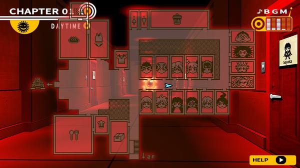 A screenshot from Danganronpa: Trigger Happy Havoc showing a red hallway with a map interface and character icons.