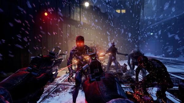 Screenshot from Killing Floor 3 shows players battling zombie-like creatures in a snowy, dimly lit industrial area.