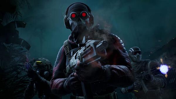 Killing Floor 3 screenshot: Three armored characters with glowing red eyes wield weapons in a dark, eerie setting.