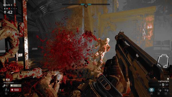 Killing Floor 3 screenshot: Player fires at grotesque creature, causing a burst of red gore in a dark, industrial setting.