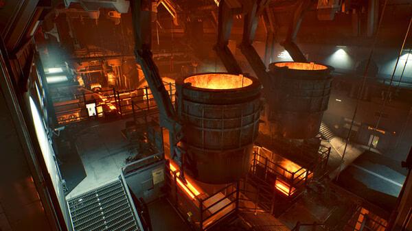 A "Killing Floor 3" screenshot showing a fiery industrial facility with molten metal vats and glowing orange light.