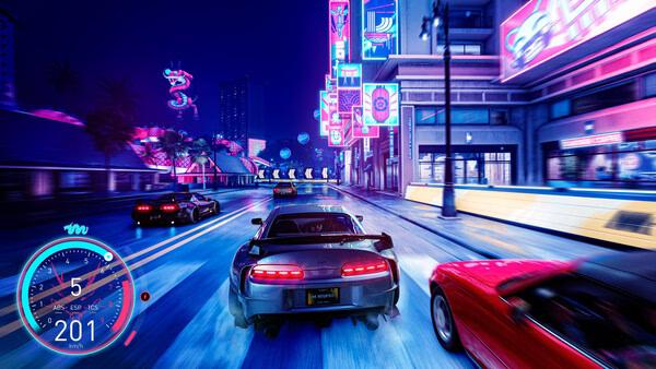 The Crew Motorfest screenshot: Cars speed along a neon-lit city street at night, with vibrant signs and buildings in the background.