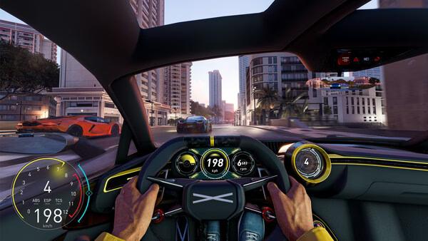 A screenshot from The Crew Motorfest showing a first-person view of a car racing through a city street at high speed.