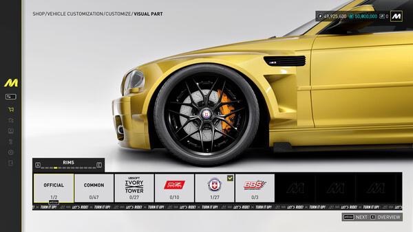 The Crew Motorfest screenshot: A golden BMW is visible in the vehicle customization menu, showcasing various rim options.