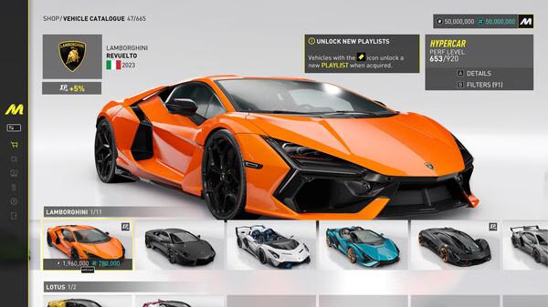 Screenshot from The Crew Motorfest showing a vibrant orange Lamborghini Revuelto 2023 in the vehicle catalogue.