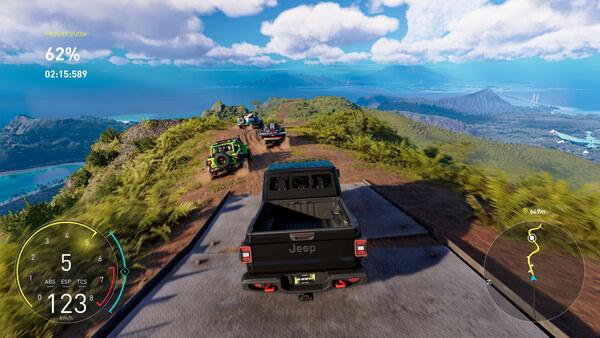 Screenshot from The Crew Motorfest: Jeep vehicles racing over a scenic mountain road with lush greenery and ocean views.