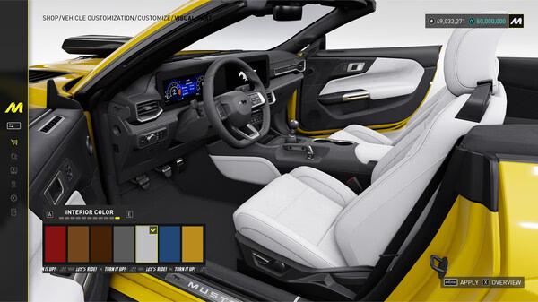 A screenshot from The Crew Motorfest showing the interior customization menu of a yellow convertible car with white seats.