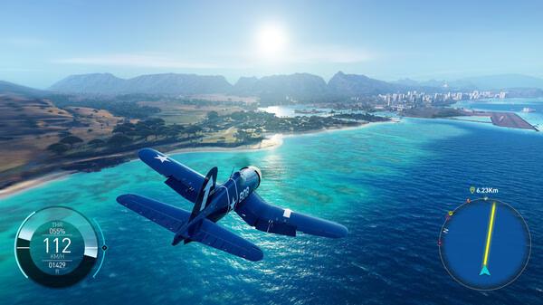 Screenshot from The Crew Motorfest showing a blue plane flying over a scenic coastal landscape with mountains and city in the background.