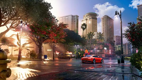 Screenshot from The Crew Motorfest: a red sports car drives through a vibrant city with tall buildings and lush trees under a blue sky.