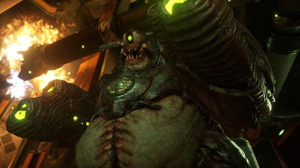 DOOM screenshot: A grotesque creature with glowing eyes and large arms in a dark, fiery environment.