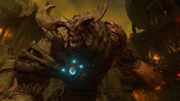 A DOOM screenshot showing a towering, horned demon with glowing eyes in a fiery, apocalyptic environment.
