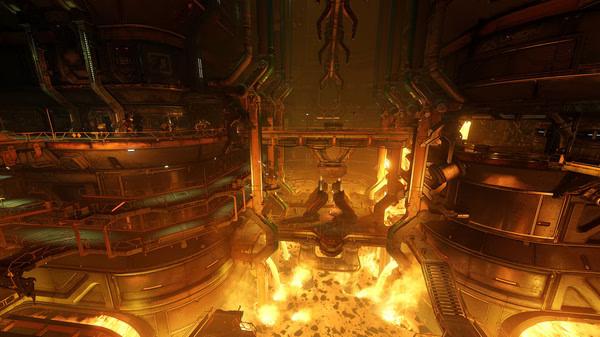 DOOM screenshot: A fiery industrial environment with molten lava and machinery. Metal structures dominate the scene.