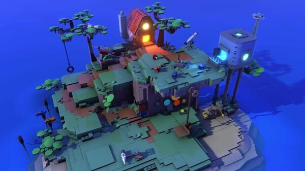 Screenshot of LEGO Voyagers showing a colorful island with trees, a small house, and futuristic structures against a blue sky.