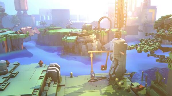 Screenshot from LEGO Voyagers showing a vibrant, blocky landscape with floating islands and water under a bright sky.