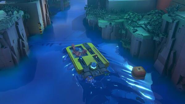 A screenshot from LEGO Voyagers showing a yellow hovercraft floating on a river surrounded by cliffs and lush greenery.