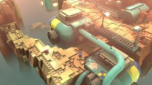 Screenshot from LEGO Voyagers showing a detailed sci-fi landscape with pipes, platforms, and LEGO-style structures.