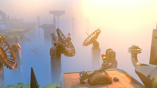 Screenshot from LEGO Voyagers showing a futuristic landscape with satellite dishes and a glowing sunset in the background.