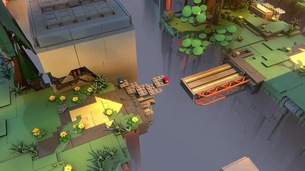 LEGO Voyagers screenshot: Two LEGO characters on a floating platform near a bridge surrounded by lush greenery and cliff edges.