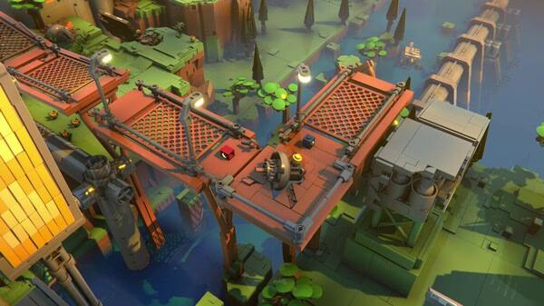 Screenshot from LEGO Voyagers showing a vibrant, blocky bridge over water with lush greenery and small structures nearby.