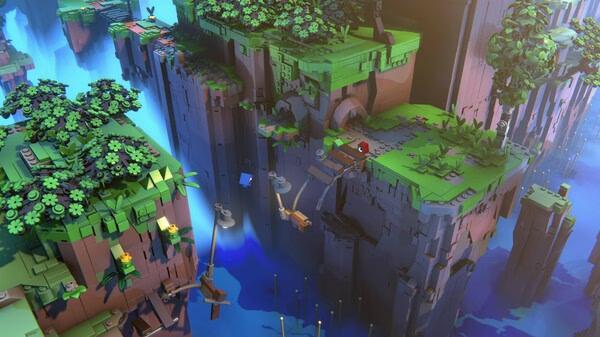 LEGO Voyagers screenshot: Lush green platforms with cascading waterfalls and a character navigating a bridge in a vibrant, blocky world.