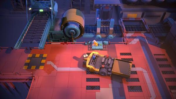 LEGO Voyagers screenshot: A yellow vehicle navigates a futuristic industrial area with conveyor belts and machinery visible.