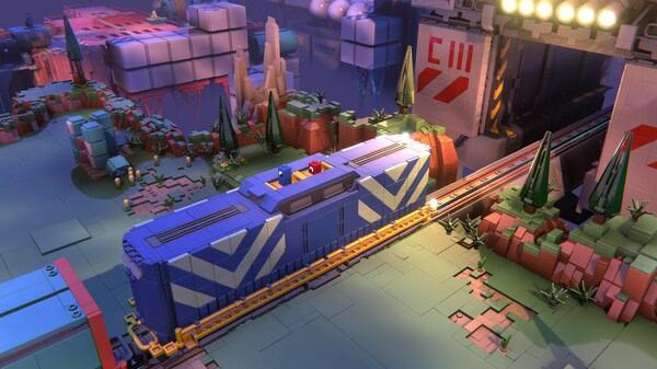 LEGO Voyagers screenshot: A blue LEGO train travels on tracks through a futuristic landscape with plants and sci-fi structures.
