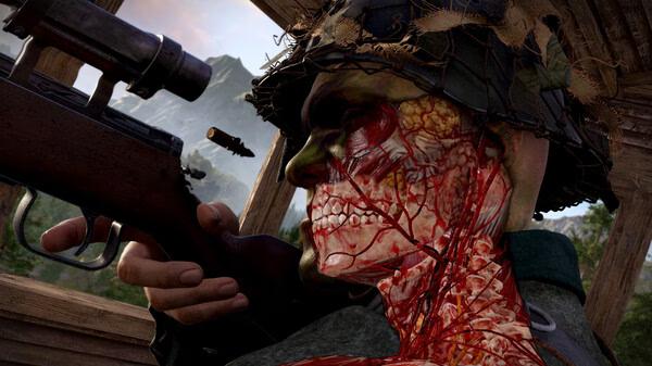 Sniper Elite: Resistance screenshot: A dramatic close-up of a sniper's bullet penetrating through a soldier's head in a forest setting.