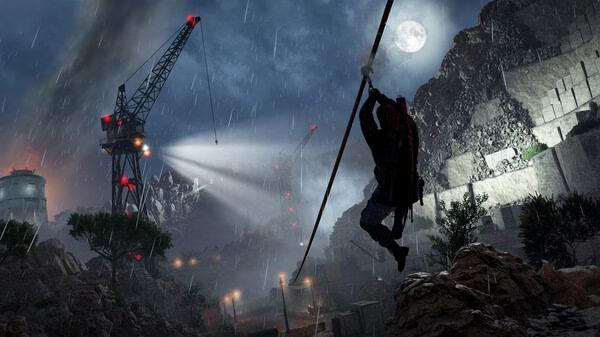Screenshot from Sniper Elite: Resistance showing a character ziplining across a rainy, industrial landscape lit by cranes.