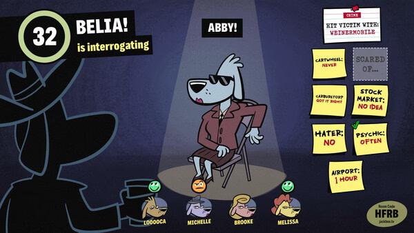 Screenshot from The Jackbox Party Pack 11: Character Belia interrogates Abby alongside colorful avatars and sticky notes.