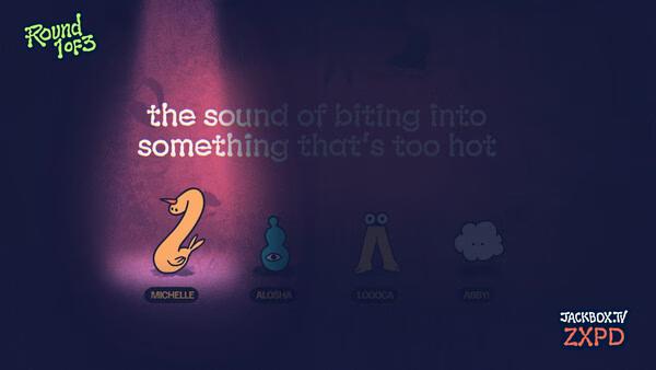 Screenshot from The Jackbox Party Pack 11 showing characters Michelle, Alosha, Loocca, Abby, and a prompt about biting hot food.