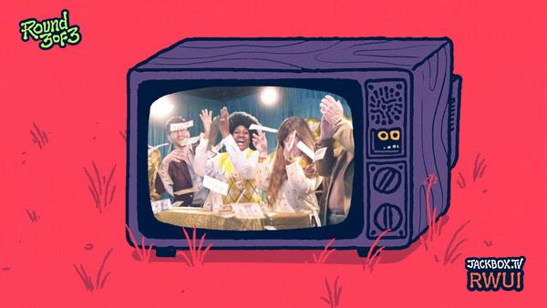 Screenshot from The Jackbox Party Pack 11 showing a group of people celebrating on a retro TV screen.