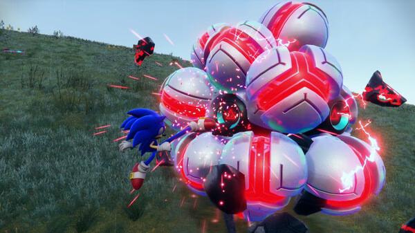 Sonic Frontiers screenshot: Sonic battles a large, vibrant red and white enemy on grassy terrain, surrounded by glowing effects.