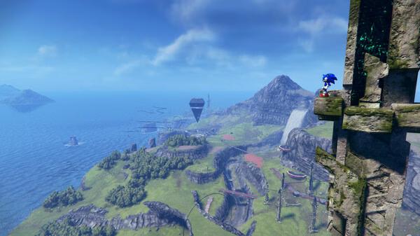 Sonic Frontiers screenshot: Sonic stands on a stone structure, overlooking a vast landscape of hills and waterfalls.