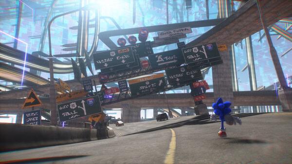 Sonic Frontiers screenshot: Sonic runs down a futuristic highway with floating structures and numerous road signs in view.