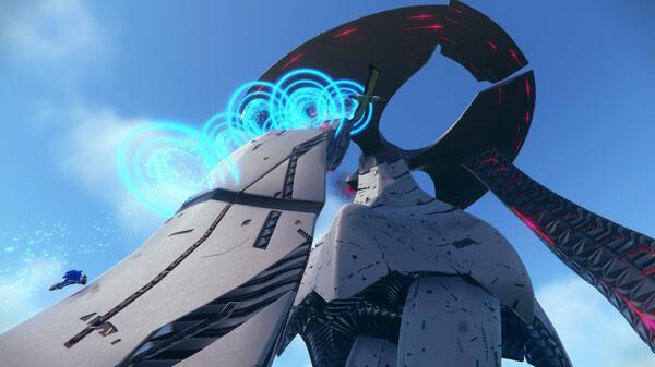 Sonic Frontiers screenshot: Sonic speeds toward a massive, futuristic structure with glowing blue energy rings in the sky.