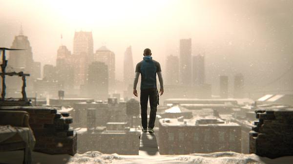 Screenshot from Detroit: Become Human showing a character standing on a rooftop edge, overlooking a snowy cityscape.