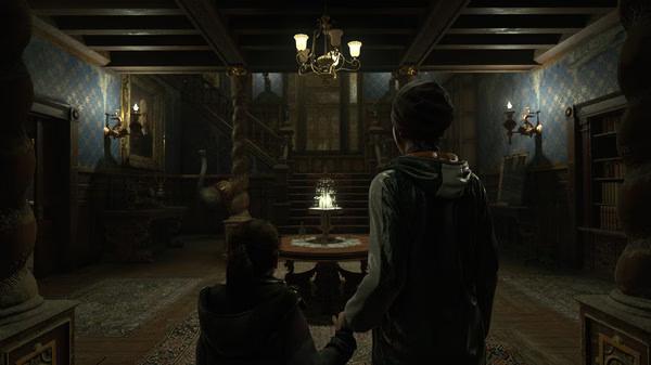 Detroit: Become Human screenshot showing two characters holding hands in a dimly lit, ornate room with wooden decor and chandeliers.