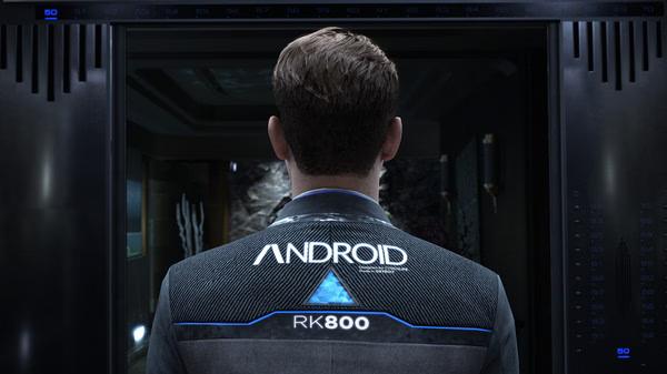 A screenshot from Detroit: Become Human showing an android labeled "RK800" standing in an elevator, viewed from behind.