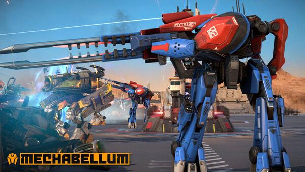 Mechabellum screenshot: Giant mechs in a futuristic battlefield, with weapons ready and structures visible in the background.