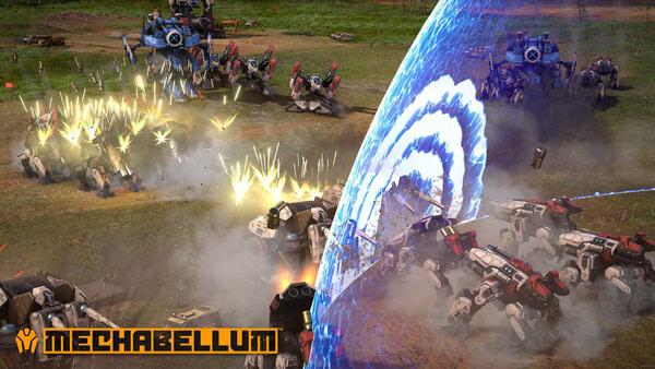 Mechabellum screenshot: Battle scene with mechs and explosions, energy shield visible, logo at bottom left corner.