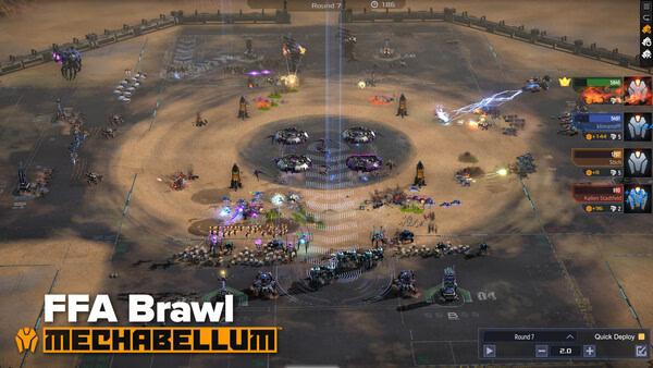 Screenshot of Mechabellum showing a dynamic battlefield with various mechs and units engaged in strategic combat.