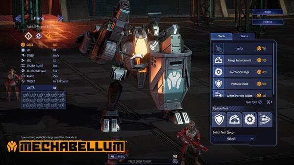 Mechabellum screenshot showing a detailed mech unit with stats menu and tech upgrades displayed in the game's interface.